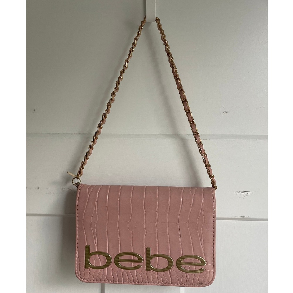 bebe Fabiola Baby Pink Croc Crossbody Bag Gold Adjustable Chain 90s Y2K Logo